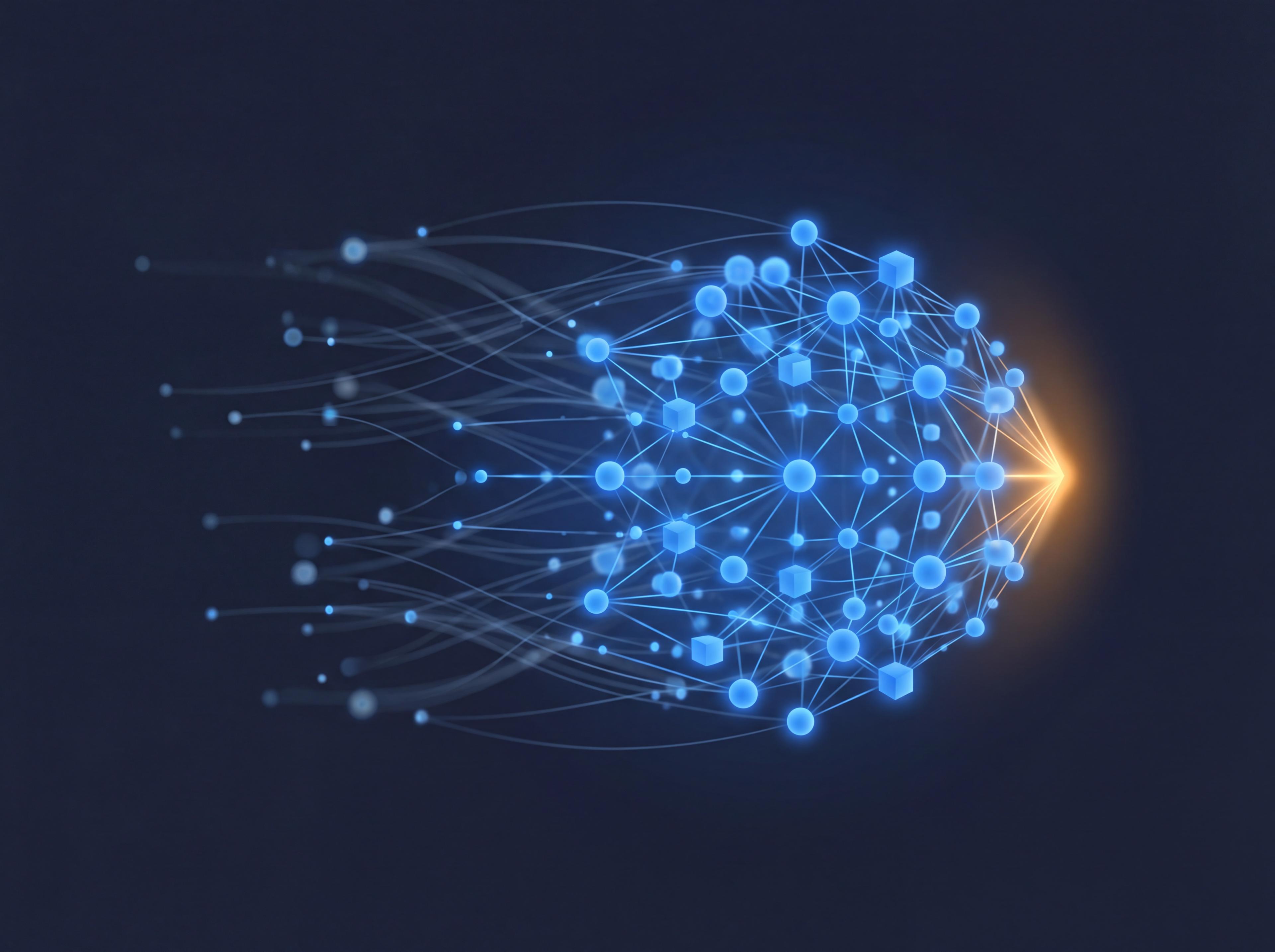 One approved source at the bright center, with dozens of scattered content assets, pages, translations, and PDFs, trailing off and straining to move with it: the propagation model.